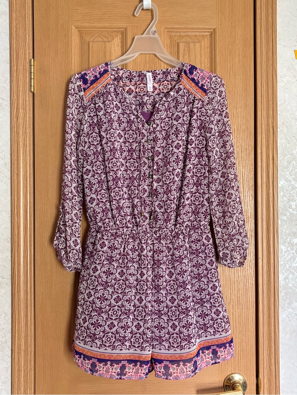 Xhilaration Purple Floral Print Romper with Orange Border - Boho, Indie - Picture 2 of 14